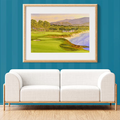 Unframed wall art painting of Pebble Beach Golf Course Holes 9 and 10 for home decor.