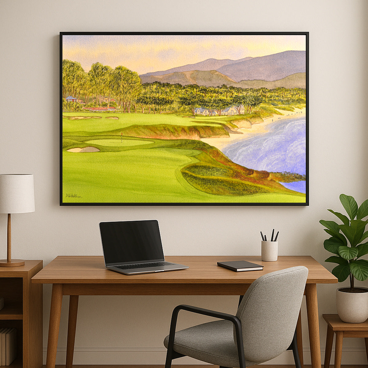Golf-themed watercolor print of Pebble Beach Golf Course Holes 9 and 10 for office or study.