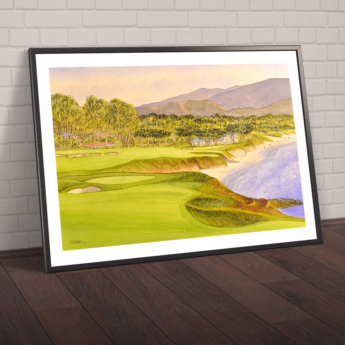 Watercolor art print of Pebble Beach Golf Course Holes 9 and 10, unframed.
