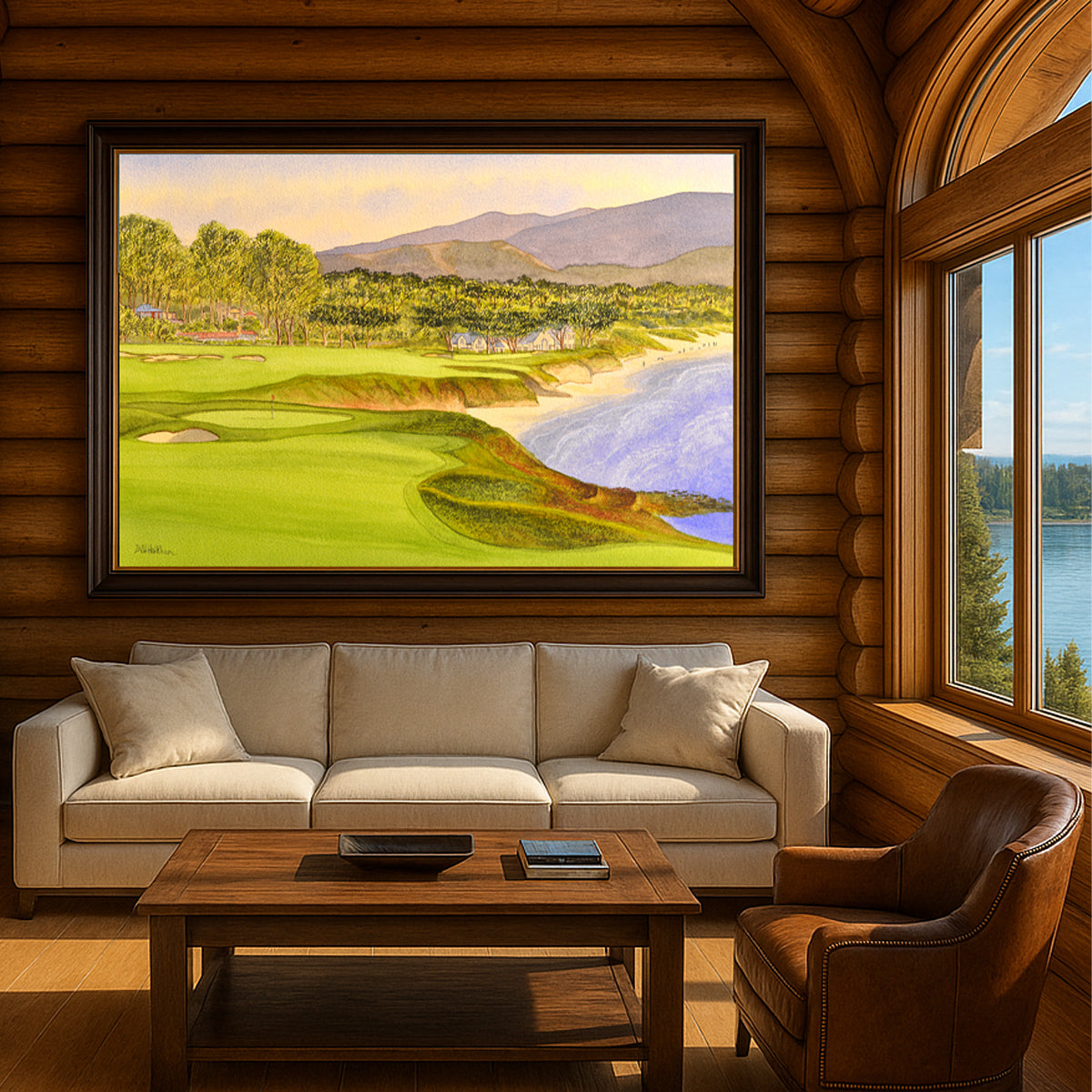 Perfect gift for golf lovers: Pebble Beach Golf Course Holes 9 and 10 watercolor print.