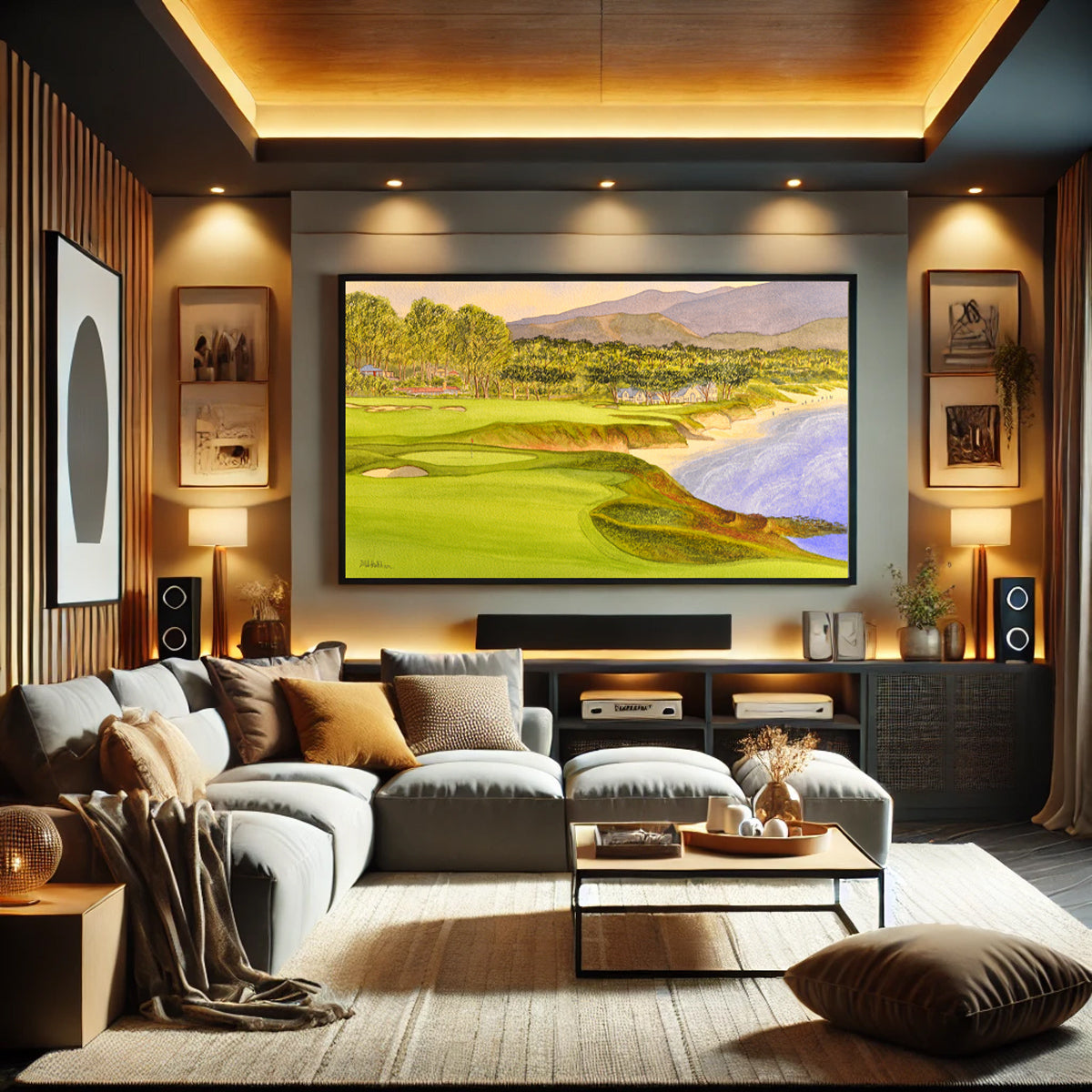 Scenic view of Pebble Beach Golf Course Holes 9 and 10 in unframed watercolor art style.