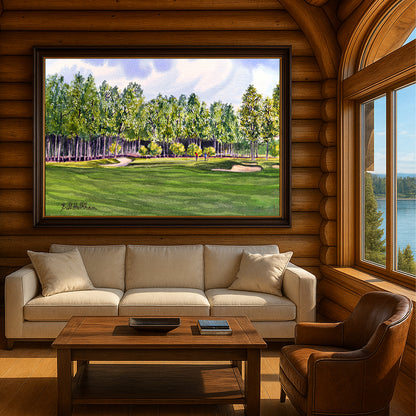 Scenic view of Pinehurst Golf Course 17th Hole in unframed watercolor art style.