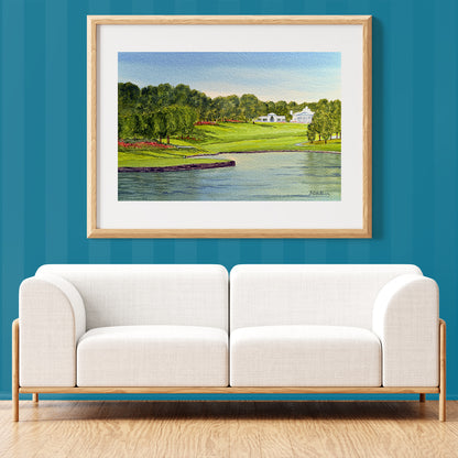 Unframed wall art painting of Quail Hollow Golf Course North Carolina 17th Green 18th Fairway for home decor.
