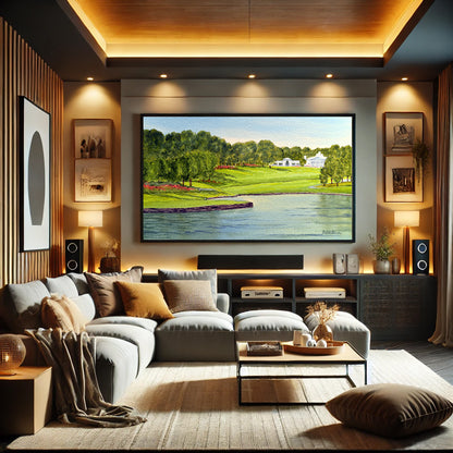 Golf-themed watercolor print of Quail Hollow Golf Course North Carolina 17th Green 18th Fairway for office or study.