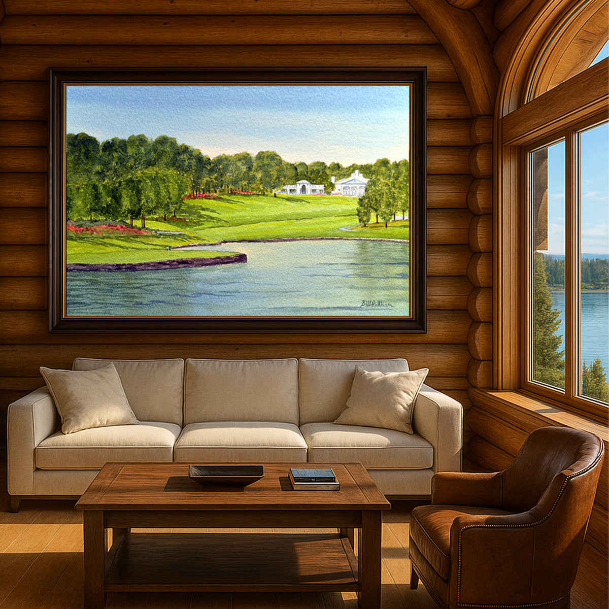 Scenic view of Quail Hollow Golf Course North Carolina 17th Green 18th Fairway in unframed watercolor art style.