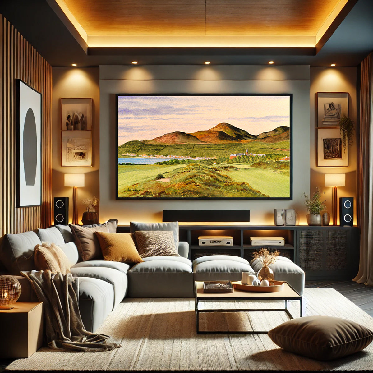 Golf-themed watercolor print of Royal County Down Golf Course for office or study.