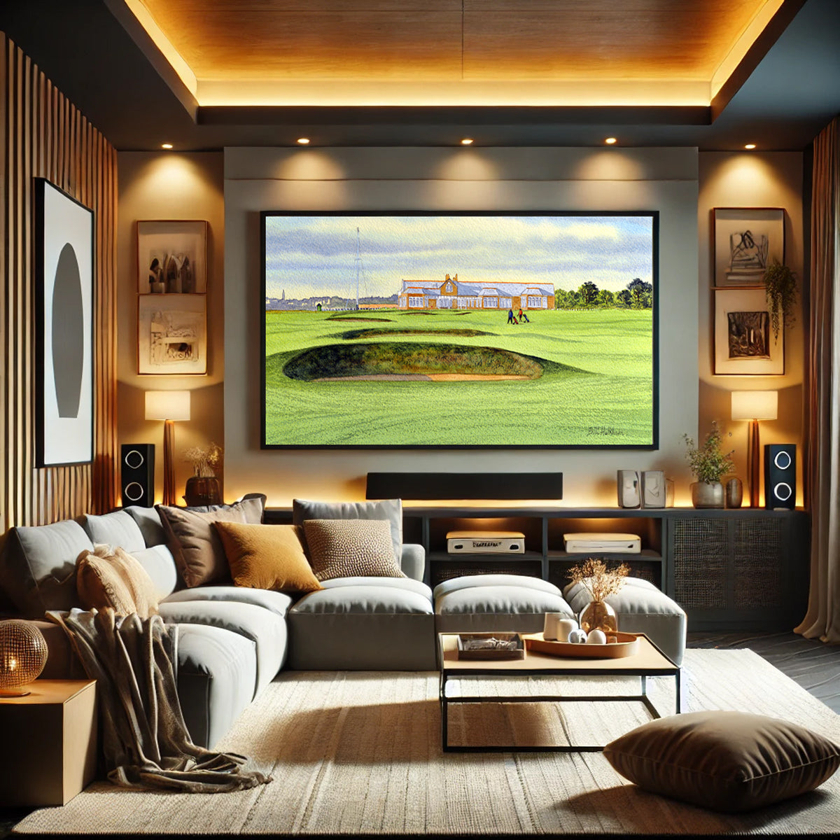 Golf-themed watercolor print of Royal Troon Golf Course 18th And Clubhouse for office or study.