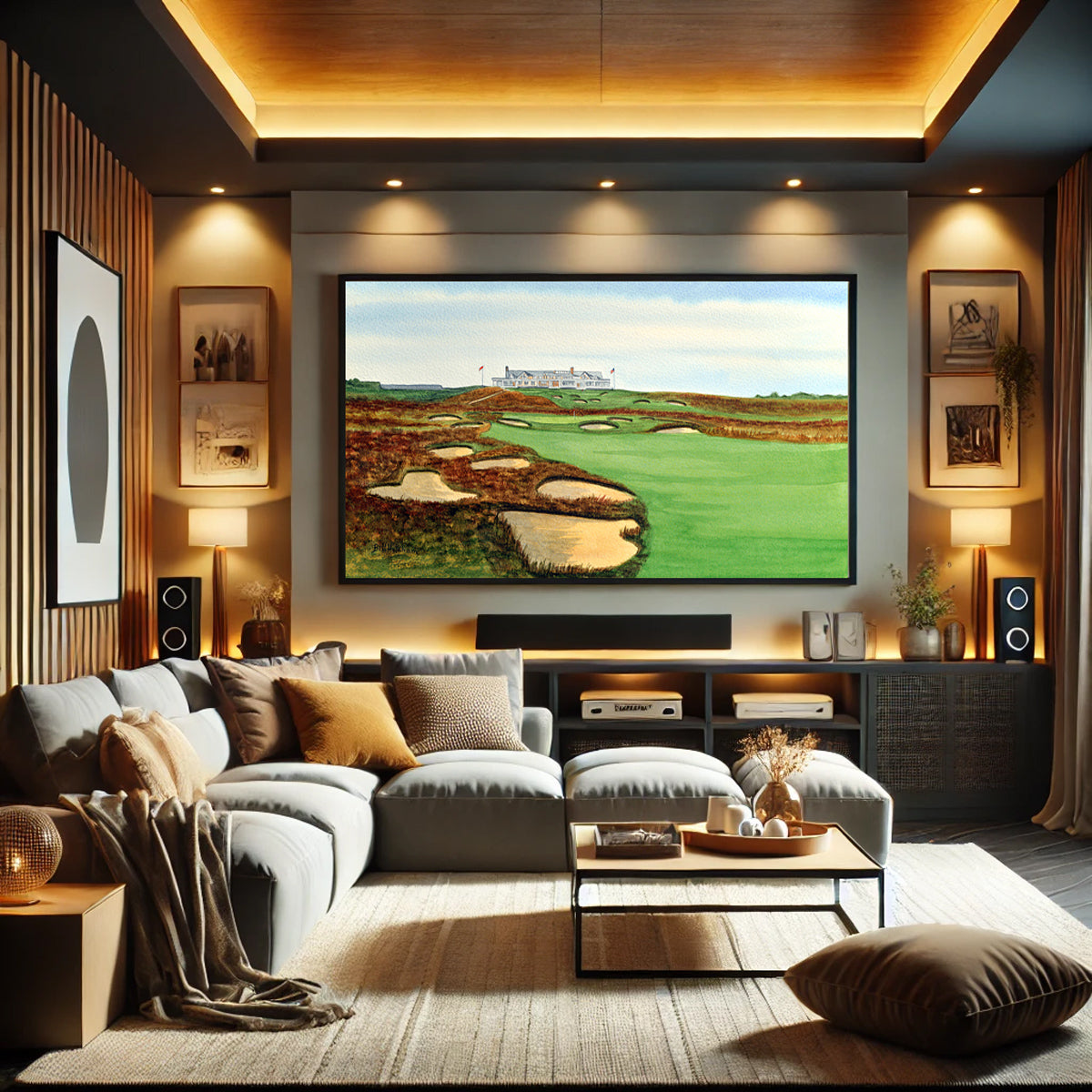 Golf-themed watercolor print of Shinnecock Hills Golf Course Clubhouse View for office or study.