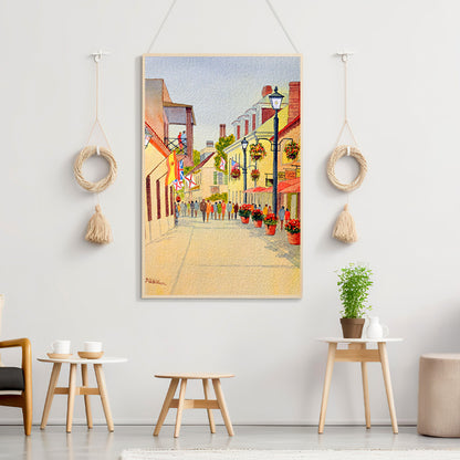 Watercolor art print of Aviles Street in St. Augustine, perfect for coastal home decor or office wall art.