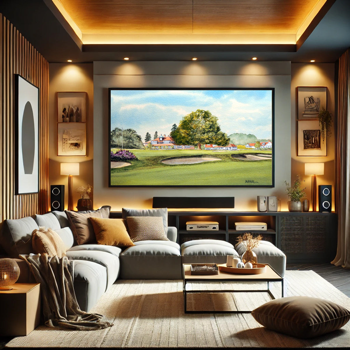 Unframed wall art painting of Sunningdale Golf Course 18th Green for home decor.