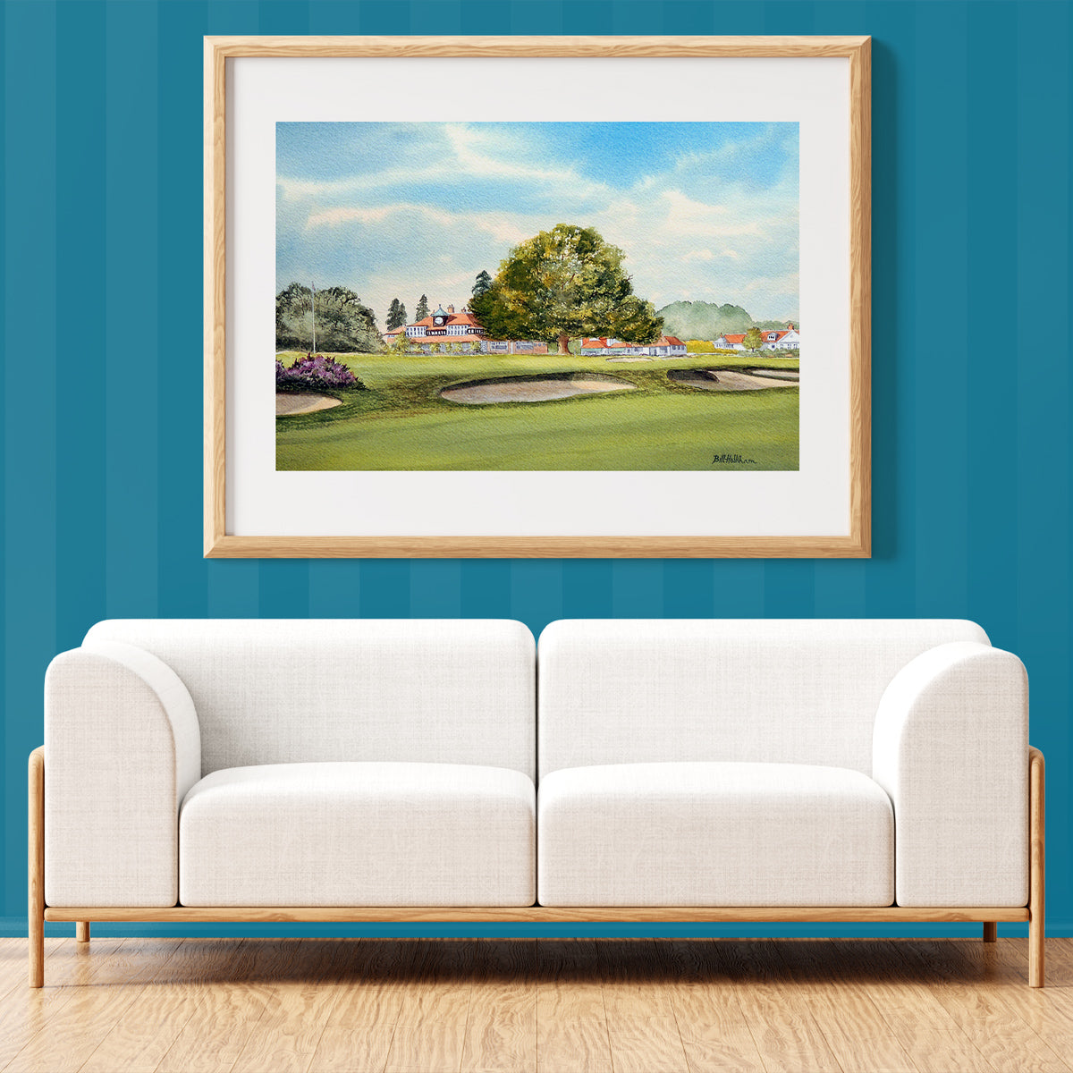 Golf-themed watercolor print of Sunningdale Golf Course 18th Green for office or study.