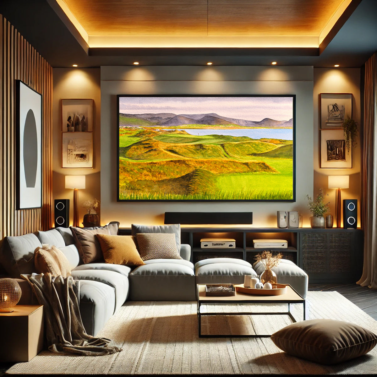 Golf-themed watercolor print of Waterville Links Golf Course Hole 17 County Kerry Ireland for office or study.